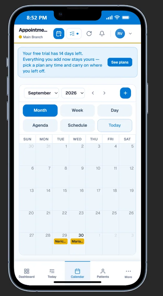 DentaCloudPH on a phone: the appointment calendar in month view with day, week and agenda views.