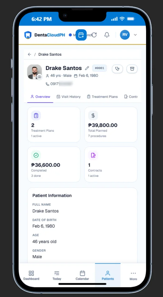 DentaCloudPH on a phone: a patient record showing treatment plans, total planned, completed work and contracts.